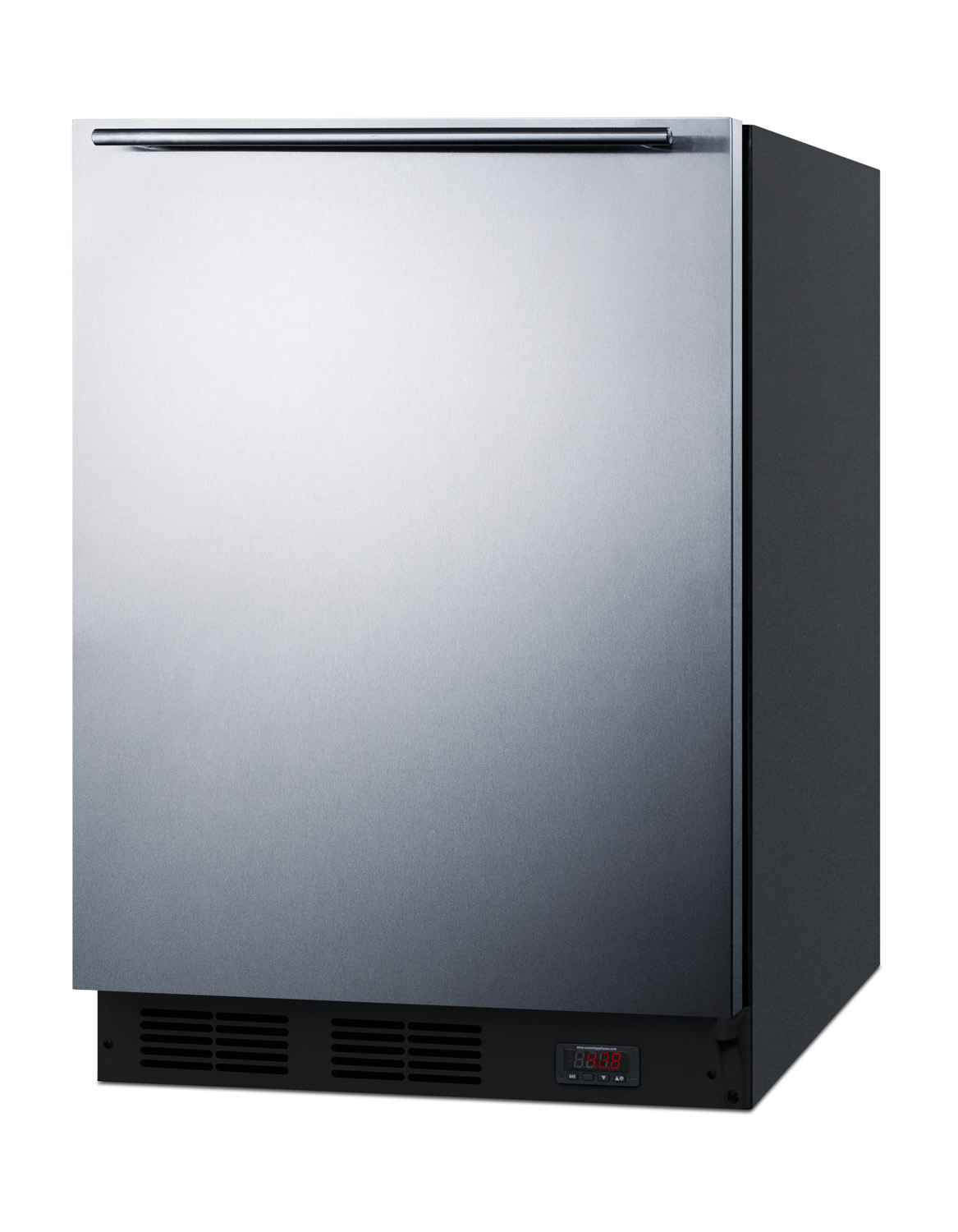 Built-in undercounter ADA compliant craft beer Pub Cellar with black cabinet, stainless steel door, horizontal handle, digital thermostat, and deluxe interior